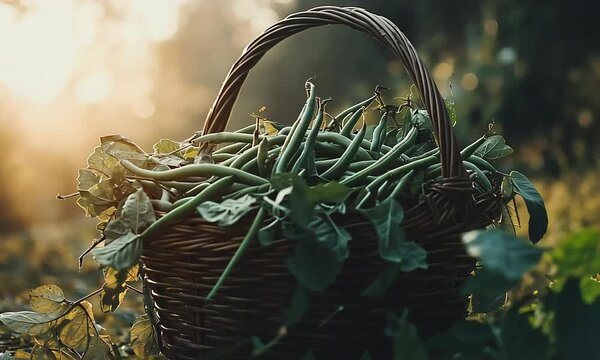 A wicker basket overflowing with fresh green beans, nestled amongst foliage, bathed in the golden light of sunset