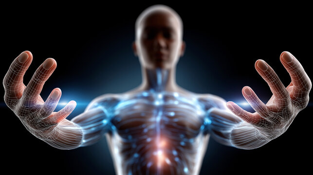 Faceless hands holding digital human body with glowing energy field, health wellness technology visualization, biofield optimization, energetic healing representation, holistic bio