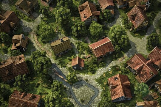Village battlemap for DND reveals wooden cottages and blue river. Perfect for role-play, it creates a peaceful town environment for DND campaigns.