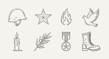 Naklejka premium Collection of military and peace symbols in a minimalist line art style