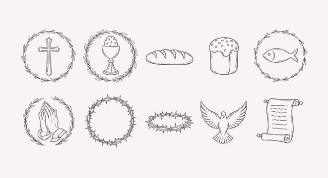 Collection of Christian symbols including cross, dove, bread, and Easter egg in hand-drawn style