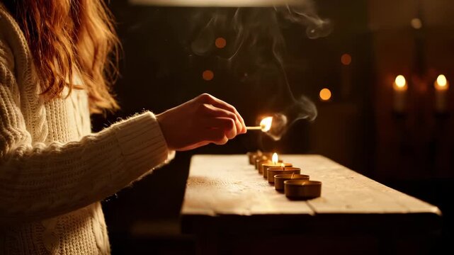 Lighting candle for prayer and remembrance. Woman holds match near candlelight row. Hand leans over altar during ritual. Quiet worship and prayer in church vigil. Warm flame and smoke evoke religion.