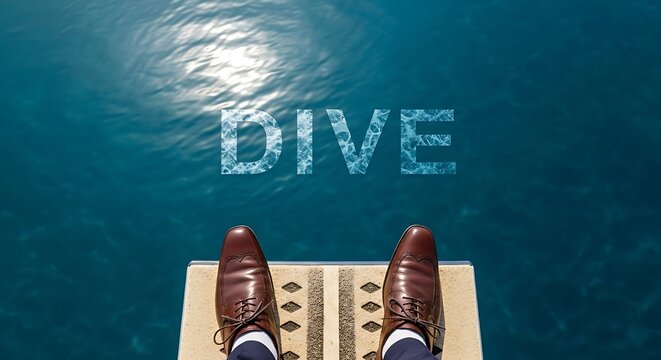 Man in Suit Shoes Standing on Diving Board Ready to Dive into Water.