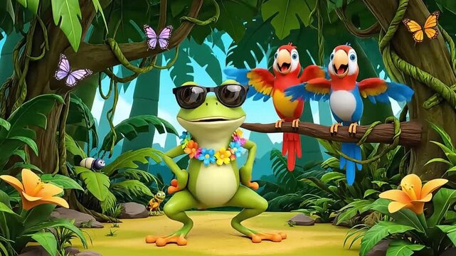 Cool Frog and Parrots Dancing in a Lush Jungle Scene.