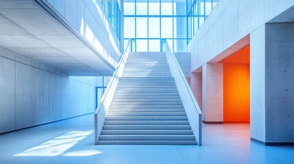 Obraz premium Modern concrete staircase in a bright building with an orange wall.