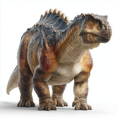 Fototapeta premium A large and heavily armored dinosaur, resembling a blend of Ankylosaurus and Stegosaurus with distinctive back plates and spikes, stands majestically on a bright white background.