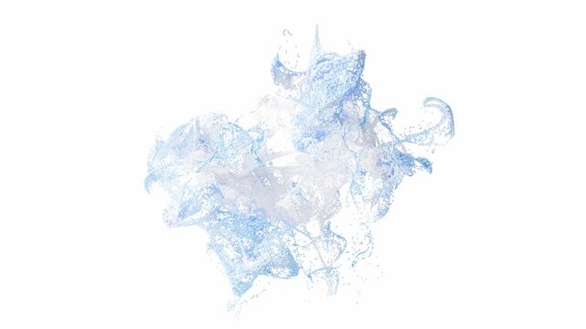 Dynamic blue and white fluid particles colliding and merging in slow motion on a clean white background