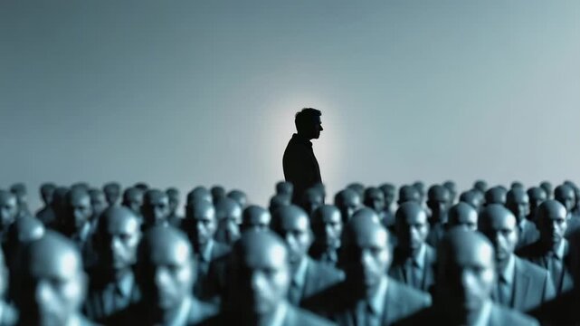 Person stands alone among many identical figures in a dimly lit space