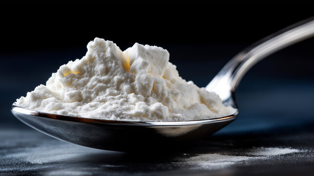 Dose of white powder on spoon, citrulline malate biohacking concept, supplement preparation closeup, performance enhancement nutrition, pre-workout optimization, with copy space