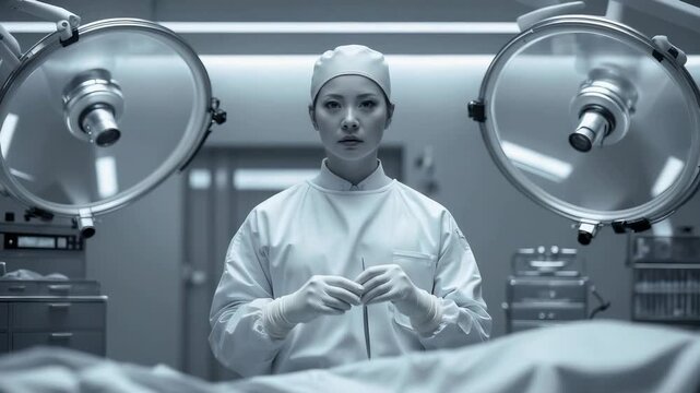 Surgeon prepares for surgery in a hospital during late night hours in a sterile environment