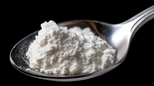 Dose of white powder on spoon, citrulline malate biohacking concept, supplement preparation closeup, performance enhancement nutrition, pre-workout optimization, with copy space