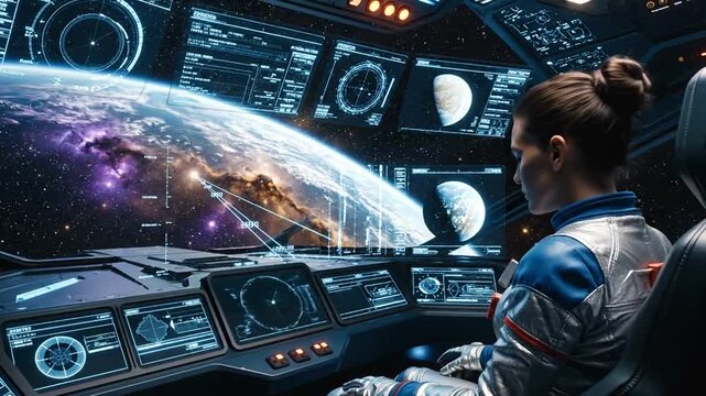 Space pilot navigates a futuristic cockpit overlooking a dazzling planet