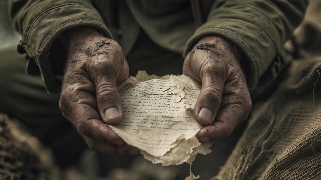 Man holds old letter with worn hands in a war-torn setting during early morning light