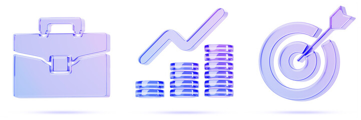 Fototapeta premium 3d glass hologram business icon set - briefcase, money chart, target with purple blue gradient. Financial success, goal achievement, increase profit, sales growth, coins with arrow up. 3D illustration