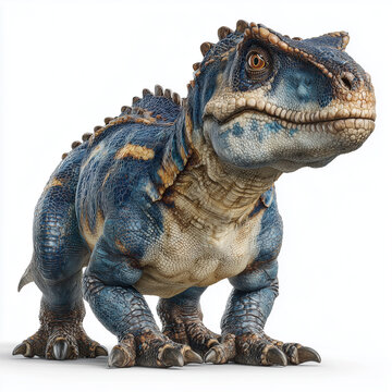A stout and vividly blue Carnotaurus with subtle orange markings and prominent head horns stands firmly, demonstrating its unique and robust form on a plain studio backdrop.