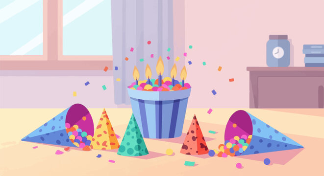 A birthday cake with lit candles surrounded by party hats and confetti