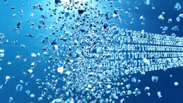 Binary code explosion with digital fragments on blue background, viewed from a close-up perspective