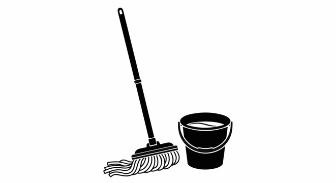 A black and white illustration of a mop with a bucket of water