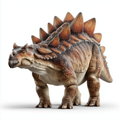 Fototapeta premium A classic Stegosaurus-like dinosaur, distinguished by its iconic back plates and tail spikes, stands robustly against a pure white background, showcasing its unique form from the ancient world.
