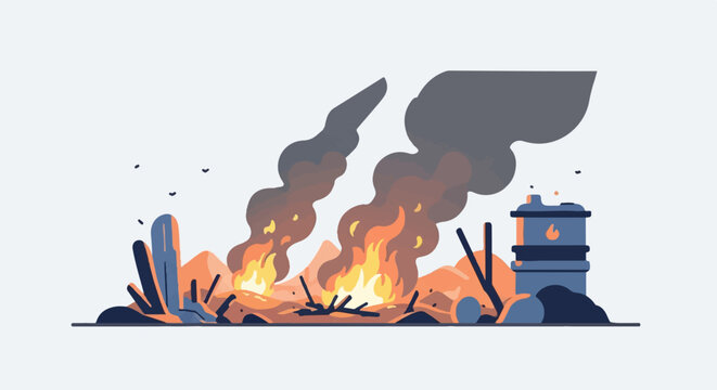 A blazing fire with dark smoke plumes rises from debris, near a barrel