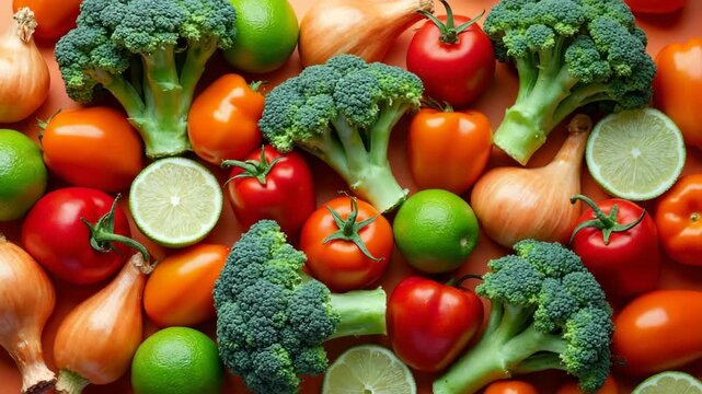 Colorful food pattern made of broccoli, orange, red pepper, onion, tomatoes and lime. Flat lay..