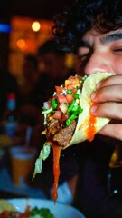 Authentic urban food photography of a person eating a loaded spicy taco, dripping salsa and fresh ingredients, social media influencer style snapshot.