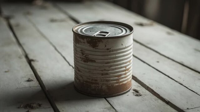Old can on a wooden table in a rustic setting showcasing textures and details