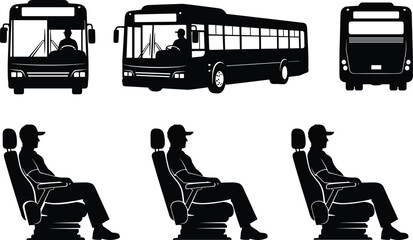 Silhouettes of buses and seated bus drivers in front, side, and rear views with posture variations © MdMahmudul