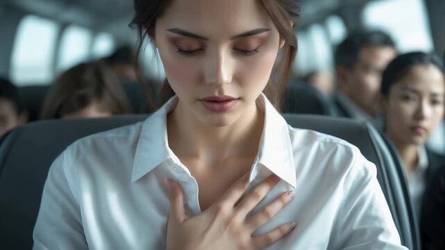 Woman sits on bus with hand on chest and thinks about life and choices while others look on quietly