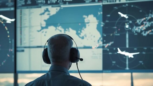 Air traffic controller monitors flight paths in real time from control center in an urban area during afternoon shift