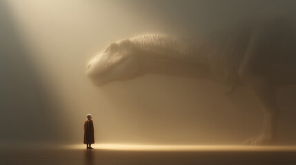 A lone person stands in awe, gazing at the ethereal, towering silhouette of a majestic dinosaur emerging from a thick, atmospheric mist under a soft, golden light.