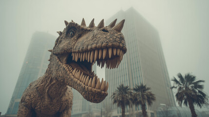 A menacing Tyrannosaurus Rex statue with its jaw wide open stands imposingly against a backdrop of towering city buildings shrouded in a thick, mysterious fog, accompanied by tropical palm trees.