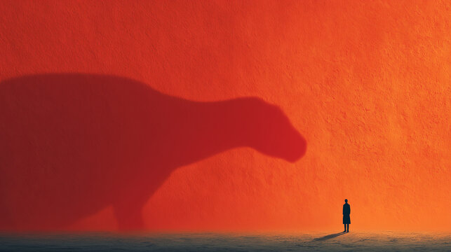 A small individual stands calmly before an enormous, menacing dinosaur shadow projected onto a vibrant, textured orange wall, conveying a sense of scale and potential threat.