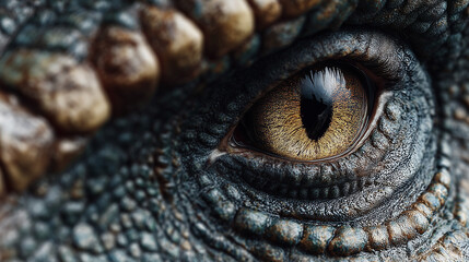 A striking extreme close-up shot captures the intense, reptilian eye of a dinosaur, revealing intricate golden iris patterns and the textured, scaly skin surrounding it.