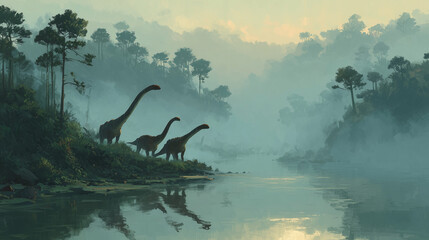 Three majestic long-necked Brachiosaurus dinosaurs stand on the bank of a tranquil, misty river during a hazy sunset, their reflections shimmering in the calm water.