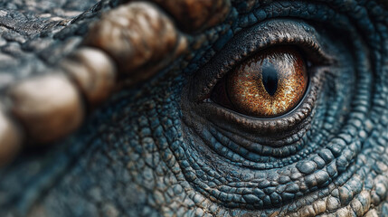 A captivating extreme close-up focuses on the watchful, golden-eyed gaze of a dinosaur, showcasing the intricate blue-green scales and rough textures around its powerful eye.