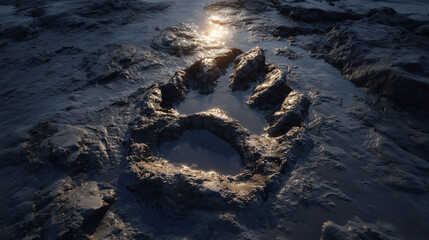 A prominent and well-preserved dinosaur footprint is deeply embedded in dark, wet mud, reflecting a faint glint of sunlight on its surface in a primeval landscape.