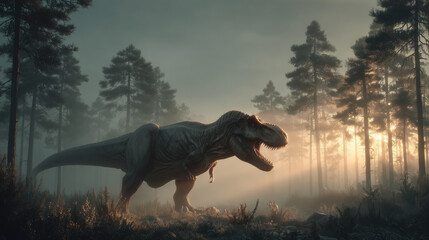 A powerful Tyrannosaurus Rex roars through a dense, misty pine forest at sunrise, with golden light beams piercing through the fog, illuminating its imposing figure.