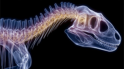 A detailed X-ray scan beautifully illustrates the skeletal structure of a dinosaur's head and neck, highlighting the vertebrae and skull with vibrant, translucent colors.