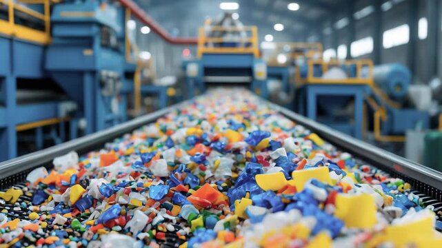 Recycling process at a facility sorting various types of plastic waste in a large industrial setting
