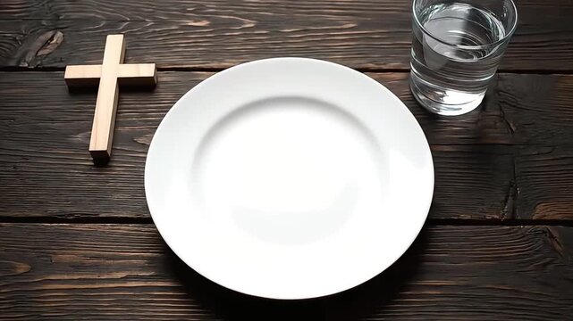 Ash Wednesday scene with cross, plate, water on wooden table top view