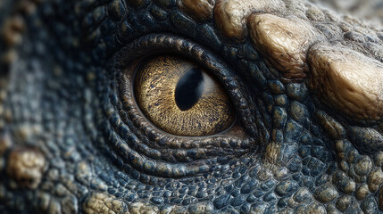An incredibly detailed macro shot captures the piercing golden eye and rugged, textured scales of a prehistoric dinosaur, revealing the ancient creature's intense gaze.