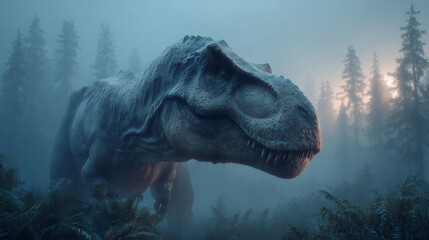 A formidable Tyrannosaurus Rex emerges from a dense, fog-laden prehistoric forest, its powerful presence enhanced by the dramatic, soft light filtering through the trees.