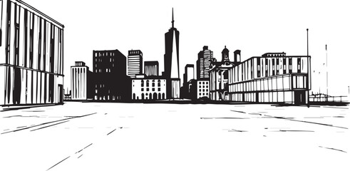 City landscape. Different buildings on street, outline cityscape hand sketch, flat houses. Hand drawn vector illustration