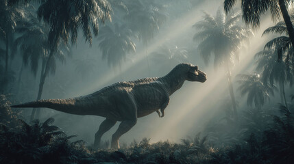 A formidable Tyrannosaurus Rex strides purposefully through a dense, primeval palm forest, with dramatic shafts of sunlight breaking through the misty canopy, illuminating its path.