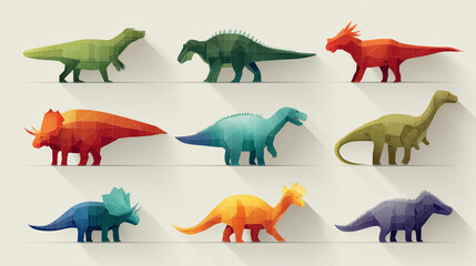 A vibrant assortment of nine diverse low-poly geometric dinosaurs, each rendered in distinct colors, are neatly arranged in a grid pattern against a minimalist light background with subtle shadows.