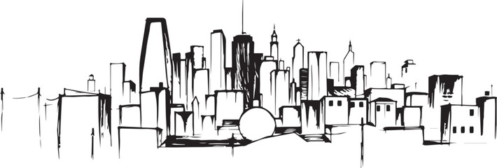 City landscape. Different buildings on street, outline cityscape hand sketch, flat houses. Hand drawn vector illustration