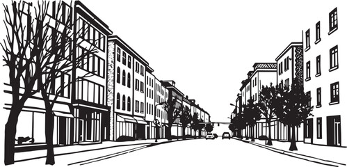 City landscape. Different buildings on street, outline cityscape hand sketch, flat houses. Hand drawn vector illustration