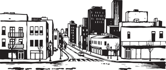 City landscape. Different buildings on street, outline cityscape hand sketch, flat houses. Hand drawn vector illustration