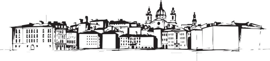 City landscape. Different buildings on street, outline cityscape hand sketch, flat houses. Hand drawn vector illustration